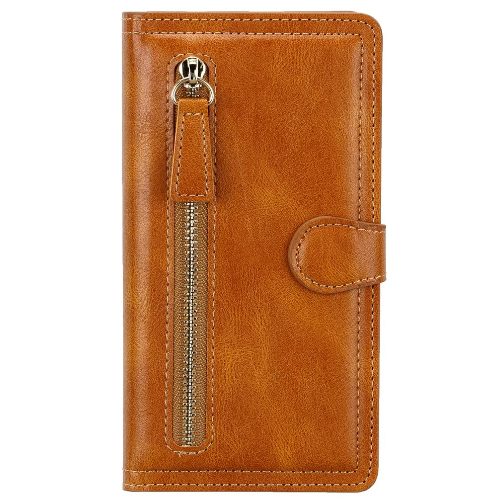 Zipper Pocket Leather Wallet Stand Case for iPhone 12 Pro/12 - Orange - 7