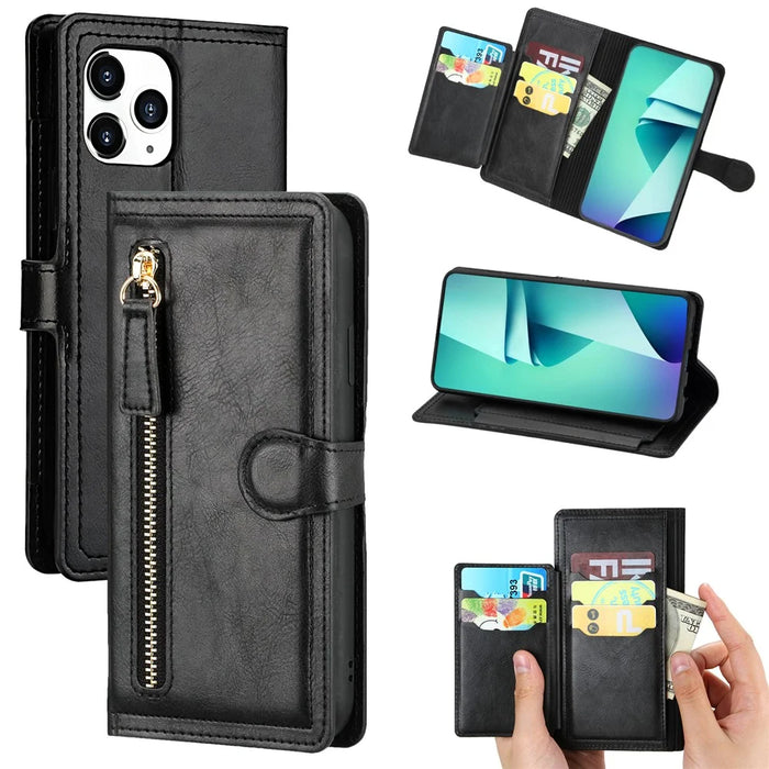 Zipper Pocket Leather Stand Case with Card Slots for iPhone 12 Pro Max 6.7 inch - Black - 1