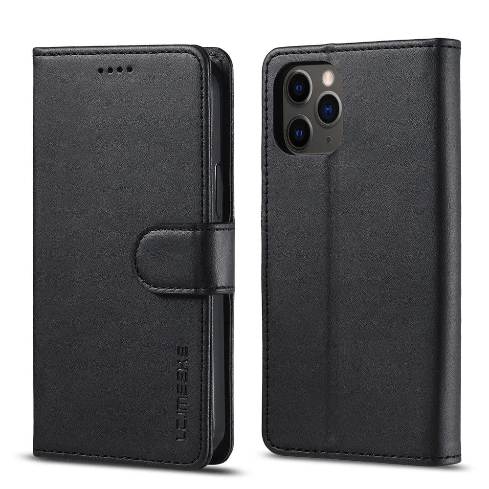 LC.IMEEKE Leather Wallet Case Cell Phone Cover for iPhone 12 - Black - 1