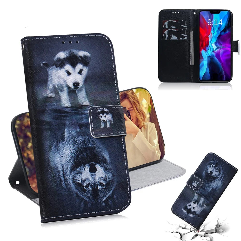 Pattern Printing PU Leather Wallet Stand Case for iPhone 12 Pro/12 - Dog and Wolf - 1
