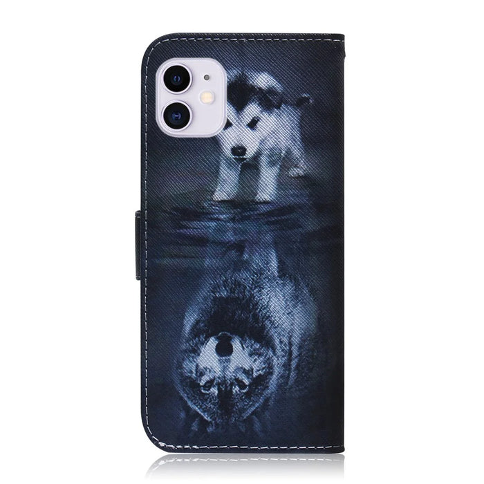 Pattern Printing PU Leather Wallet Stand Case for iPhone 12 Pro/12 - Dog and Wolf - 3