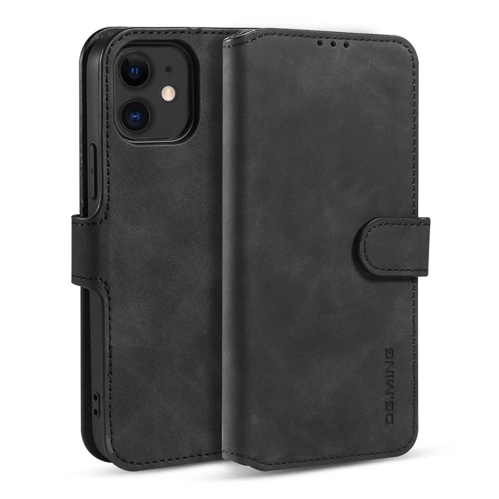 DG.MING Retro Style Leather Wallet Stand Case for iPhone 12 mini - Black - 1