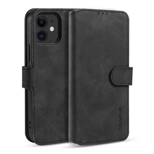 DG.MING Retro Style Leather Wallet Stand Case for iPhone 12 mini - Black - 1