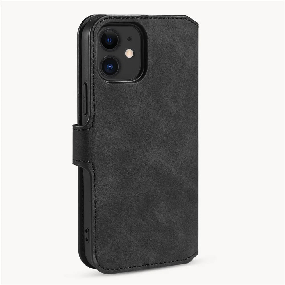 DG.MING Retro Style Leather Wallet Stand Case for iPhone 12 mini - Black - 3