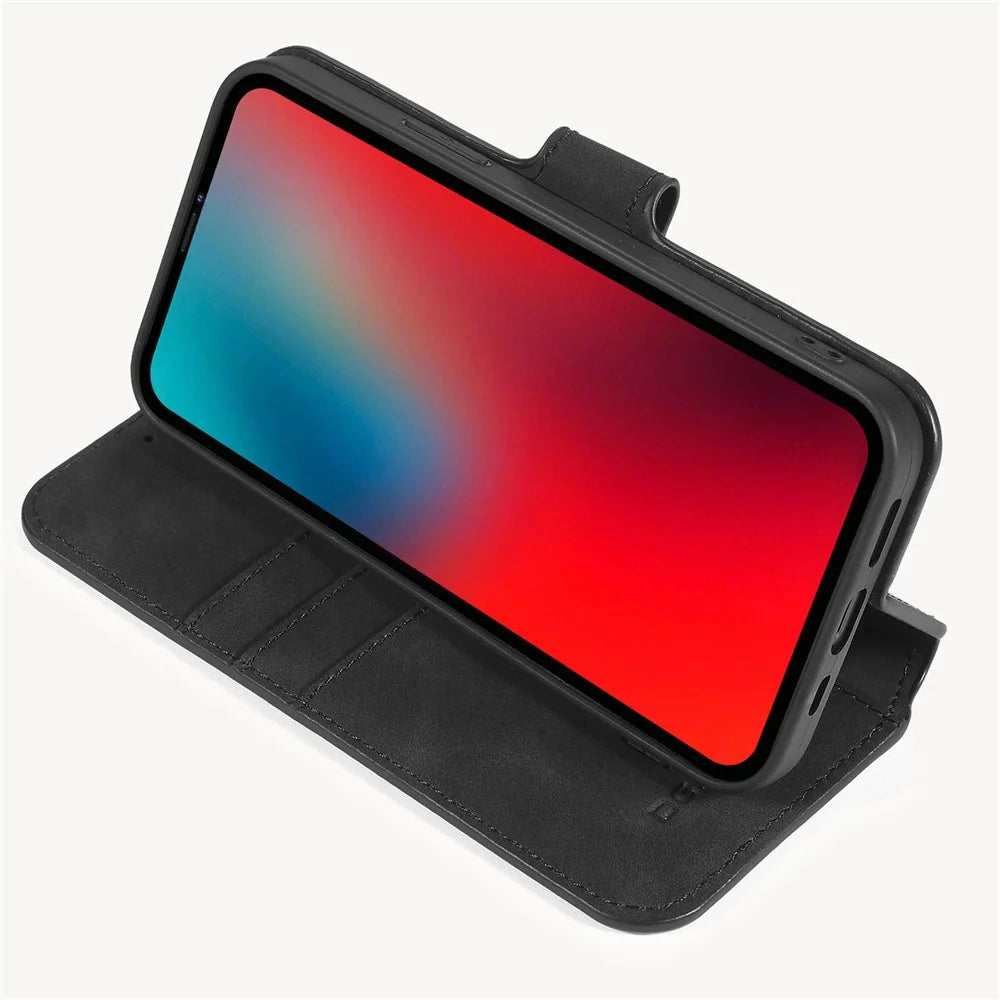 DG.MING Retro Style Leather Wallet Stand Case for iPhone 12 mini - Black - 5