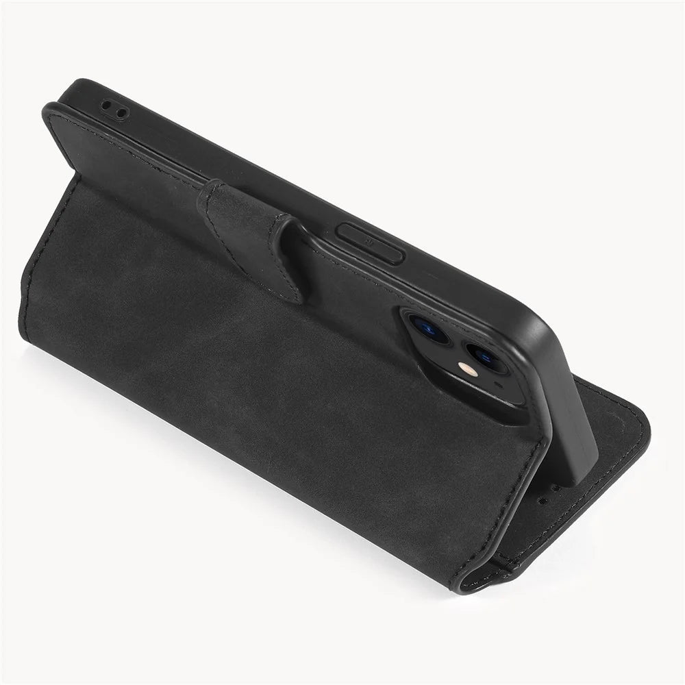 DG.MING Retro Style Leather Wallet Stand Case for iPhone 12 mini - Black - 6