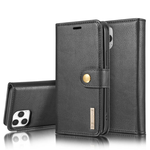 DG.MING Detachable 2-in-1 Split Leather Wallet Shell + PC Back Case Anti-scratch Phonr Shell Covering for iPhone 12 Pro / 12 - Black - 1