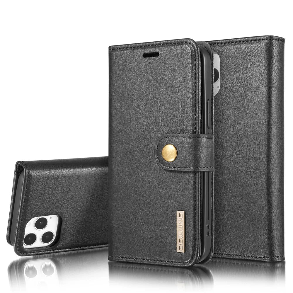 DG.MING Detachable 2-in-1 Anti-scratch Split Leather Wallet Shell + PC Back Shell for iPhone 12 Pro Max 6.7 inch - Black - 1