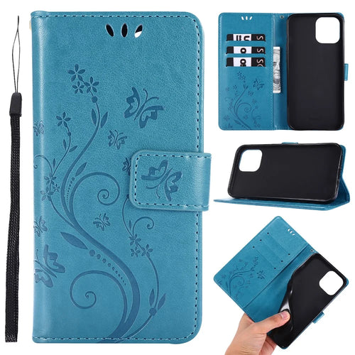 Imprint Butterfly Flower Cover Leather Wallet Case for iPhone 12 Pro Max 6.7-inch - Blue - 1