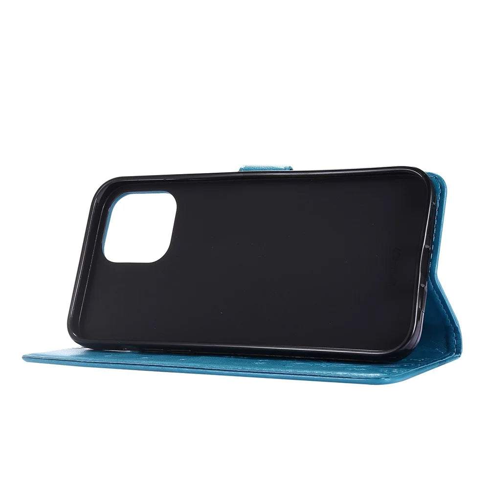 Imprint Butterfly Flower Cover Leather Wallet Case for iPhone 12 Pro Max 6.7-inch - Blue - 3