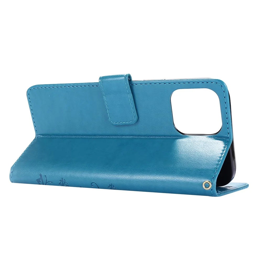Imprint Butterfly Flower Cover Leather Wallet Case for iPhone 12 Pro Max 6.7-inch - Blue - 4