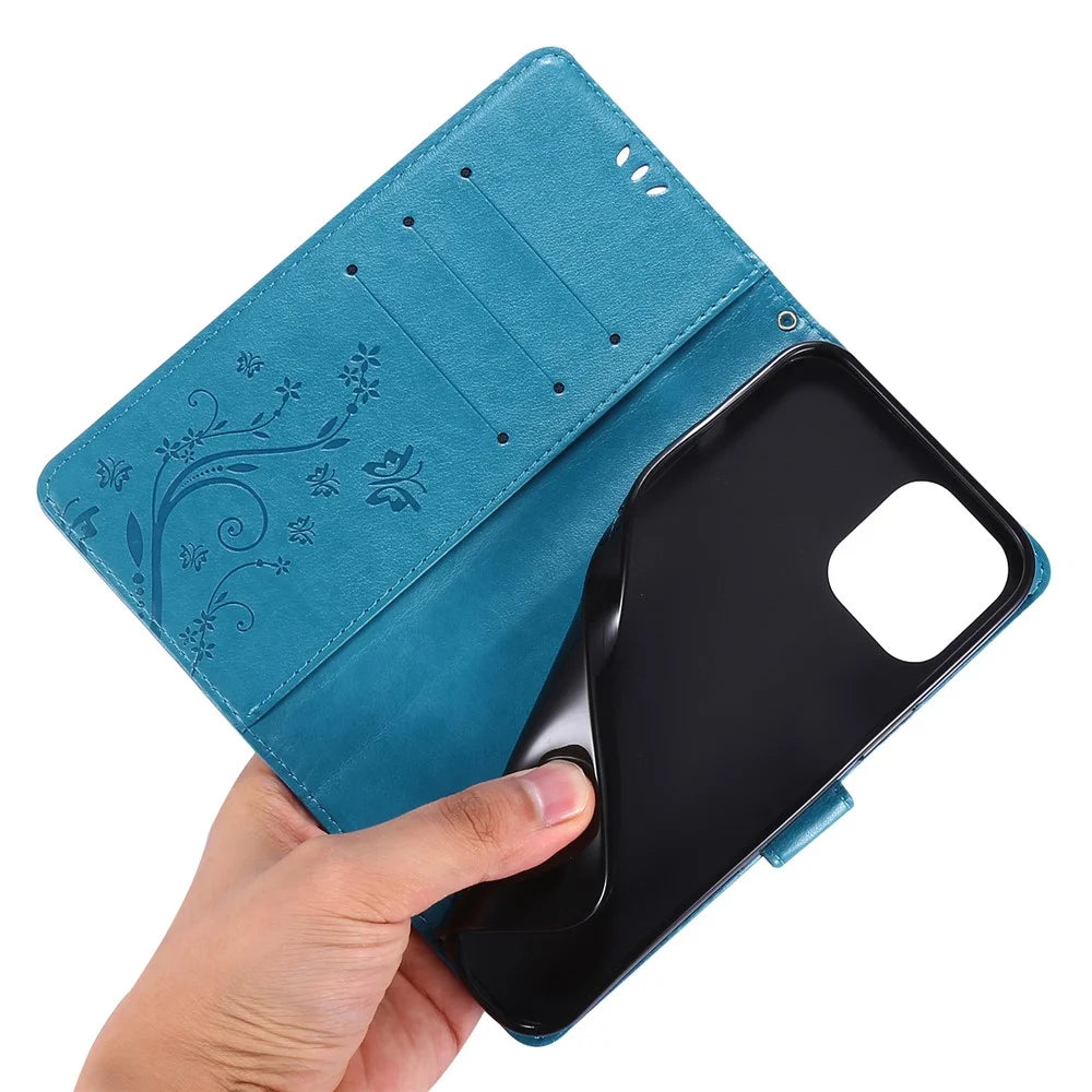 Imprint Butterfly Flower Cover Leather Wallet Case for iPhone 12 Pro Max 6.7-inch - Blue - 5