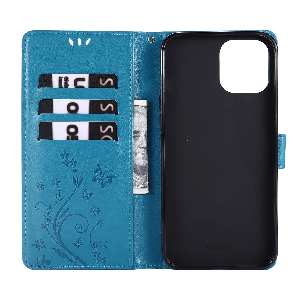 Imprint Butterfly Flower Cover Leather Wallet Case for iPhone 12 Pro Max 6.7-inch - Blue - 6