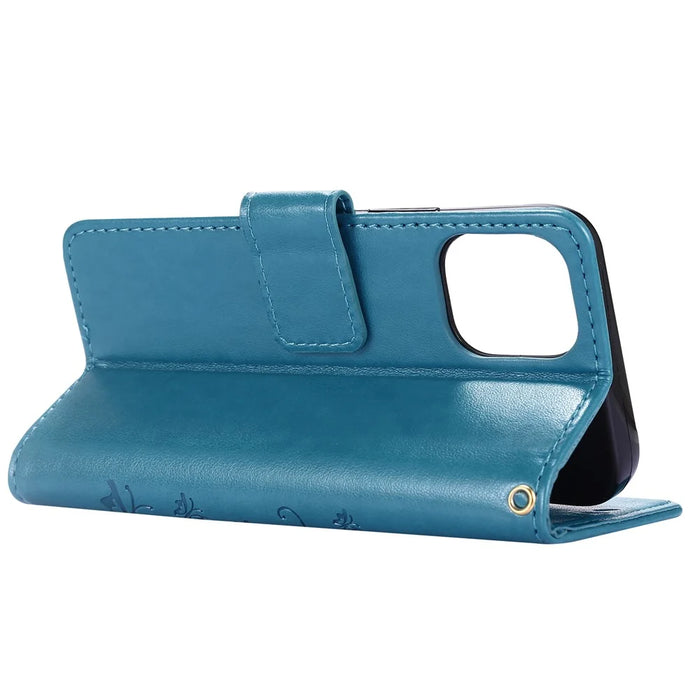 Imprint Butterfly Flower Leather Case with Strap for iPhone 12 mini - Blue - 5