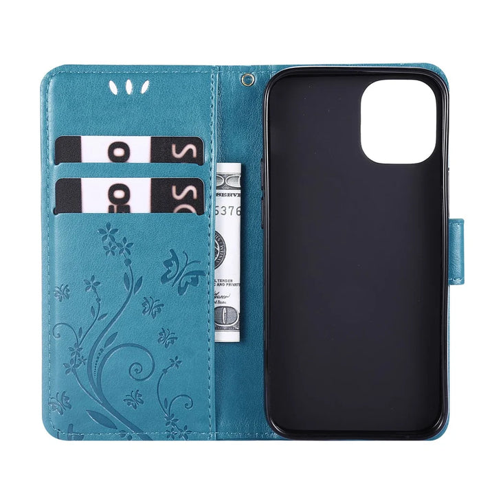 Imprint Butterfly Flower Leather Case with Strap for iPhone 12 mini - Blue - 6