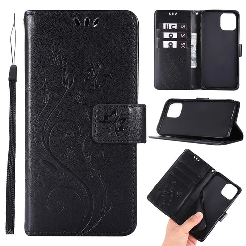 Imprint Butterfly Flower Leather Cover with Wallet for iPhone 12 Pro/12 - Black - 1