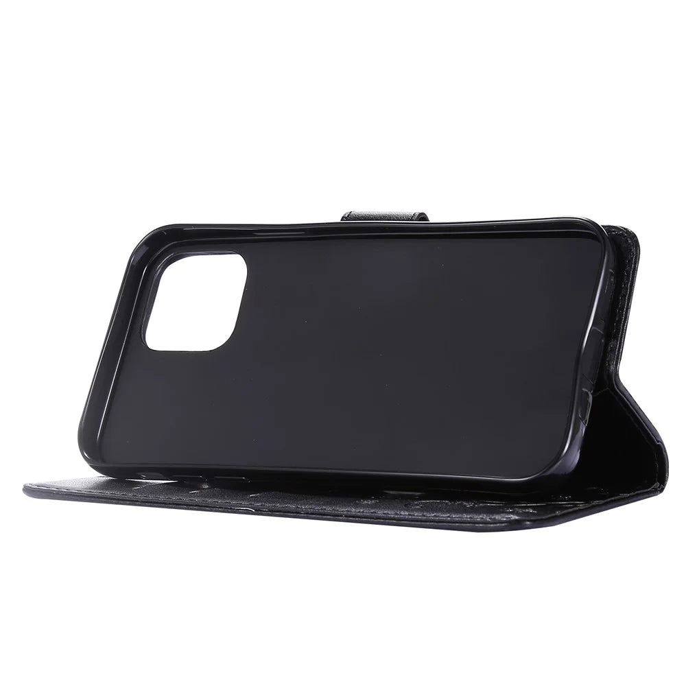 Imprint Butterfly Flower Leather Cover with Wallet for iPhone 12 Pro/12 - Black - 3