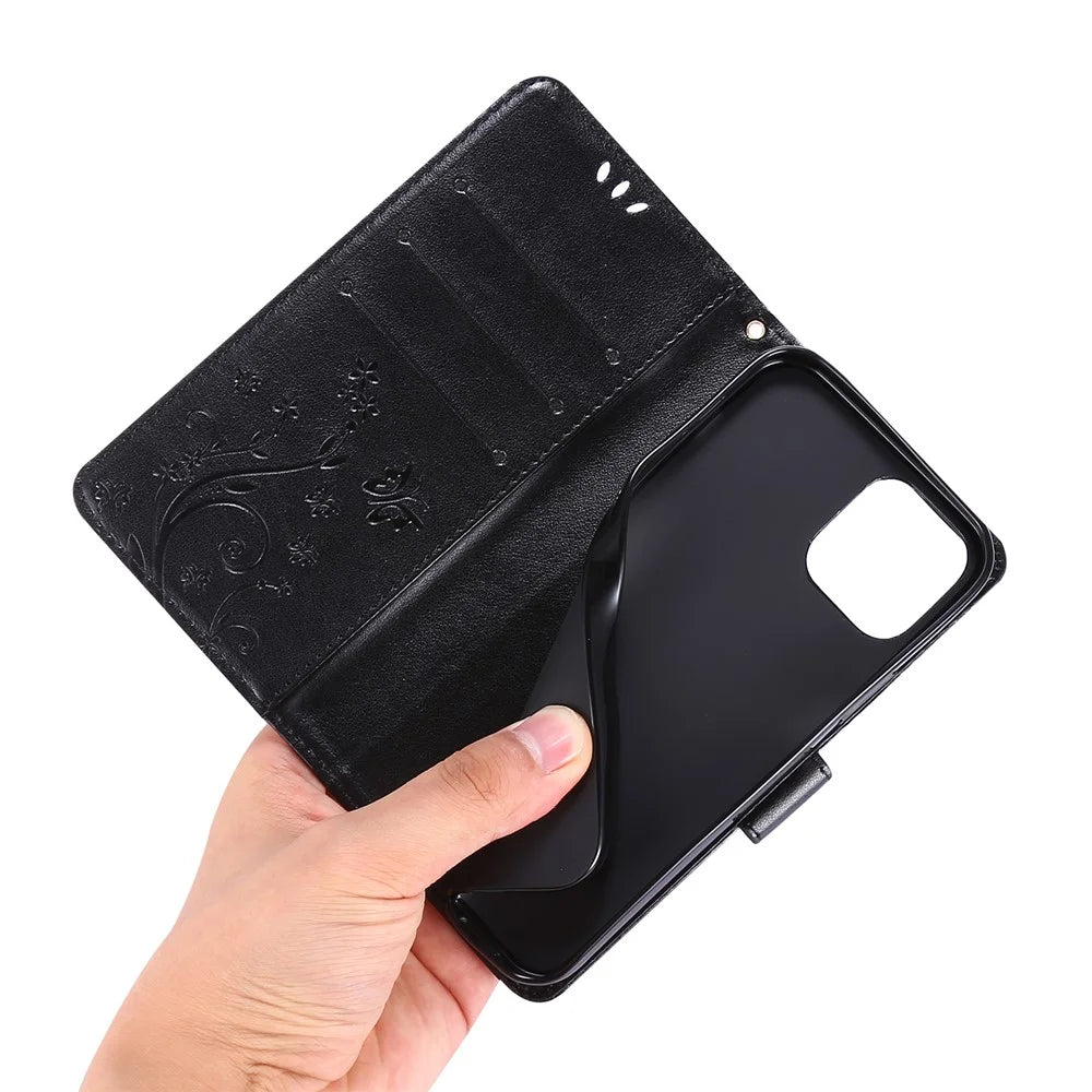 Imprint Butterfly Flower Leather Cover with Wallet for iPhone 12 Pro/12 - Black - 5