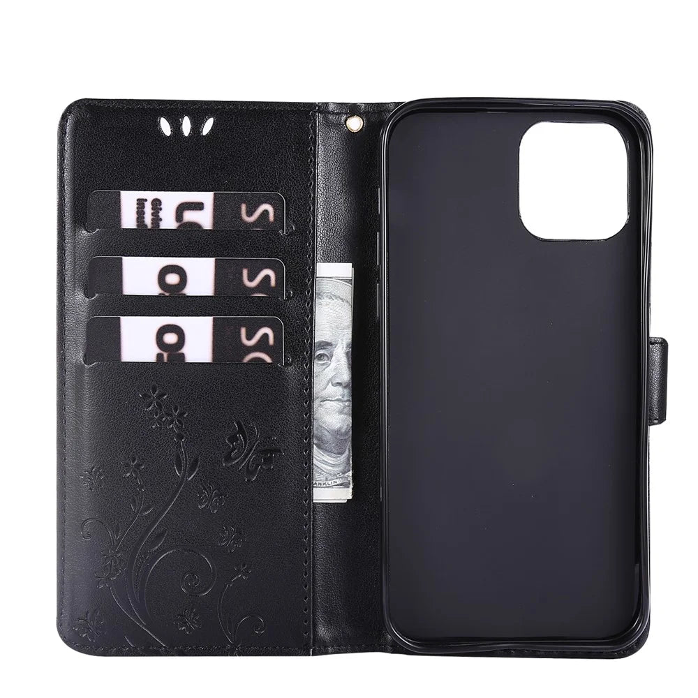 Imprint Butterfly Flower Leather Cover with Wallet for iPhone 12 Pro/12 - Black - 6