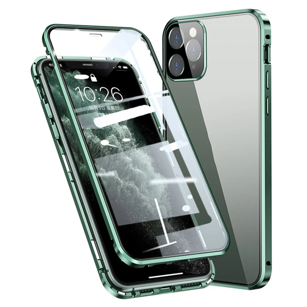 Magnetic Installation Metal Frame + Double Sided HD Tempered Glass Full Covering Case for iPhone 11 Pro 5.8 inch - Green - 1