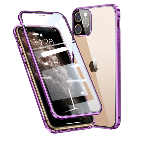 Magnetic Installation Metal Frame + Tempered Glass Full Covering Shell HD Dual Sided Tansparent Tempered Glass for iPhone 11 Pro Max 6.5 inch - Purple - 1