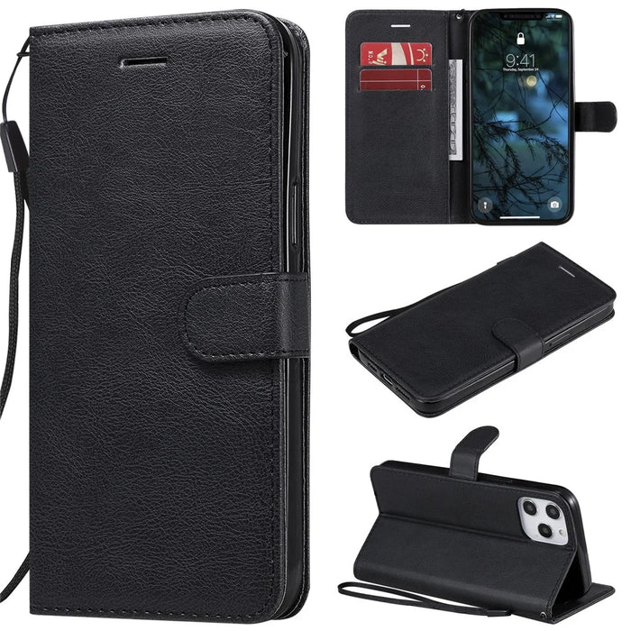 For iPhone 12 Pro Max Case Solid Color Leather Mobile Cover Wallet Stand with Strap - Black - 1