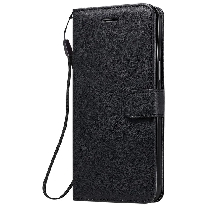 For iPhone 12 Pro Max Case Solid Color Leather Mobile Cover Wallet Stand with Strap - Black - 2