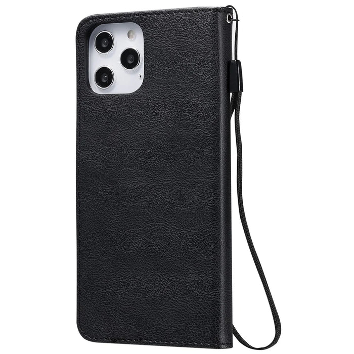 For iPhone 12 Pro Max Case Solid Color Leather Mobile Cover Wallet Stand with Strap - Black - 3