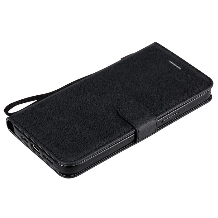 For iPhone 12 Pro Max Case Solid Color Leather Mobile Cover Wallet Stand with Strap - Black - 5