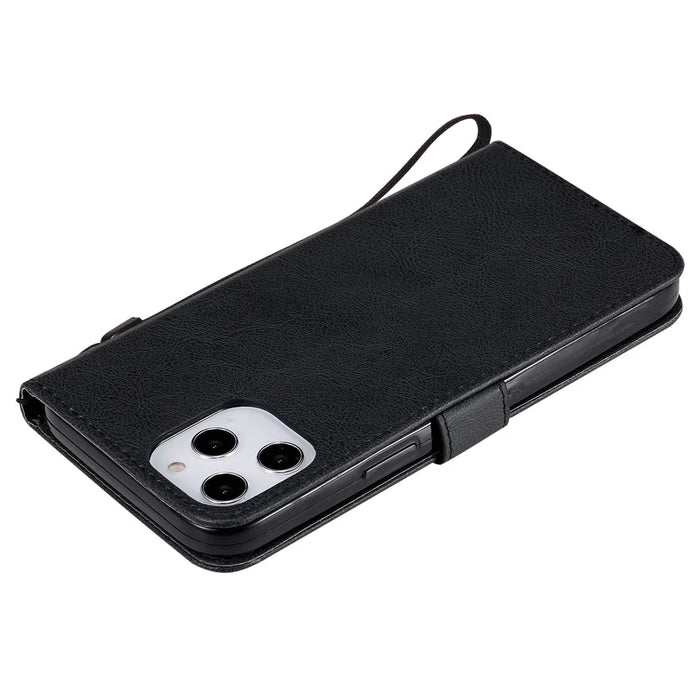 For iPhone 12 Pro Max Case Solid Color Leather Mobile Cover Wallet Stand with Strap - Black - 6