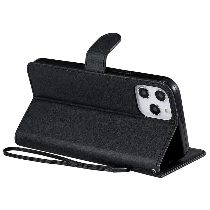 For iPhone 12 Pro Max Case Solid Color Leather Mobile Cover Wallet Stand with Strap - Black - 7