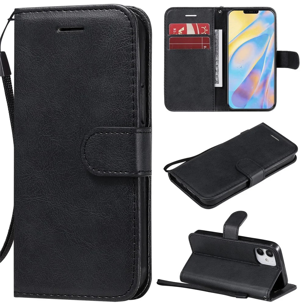 For iPhone 12 mini Case Solid Color Leather Mobile Cover Wallet Stand with Strap - Black - 1