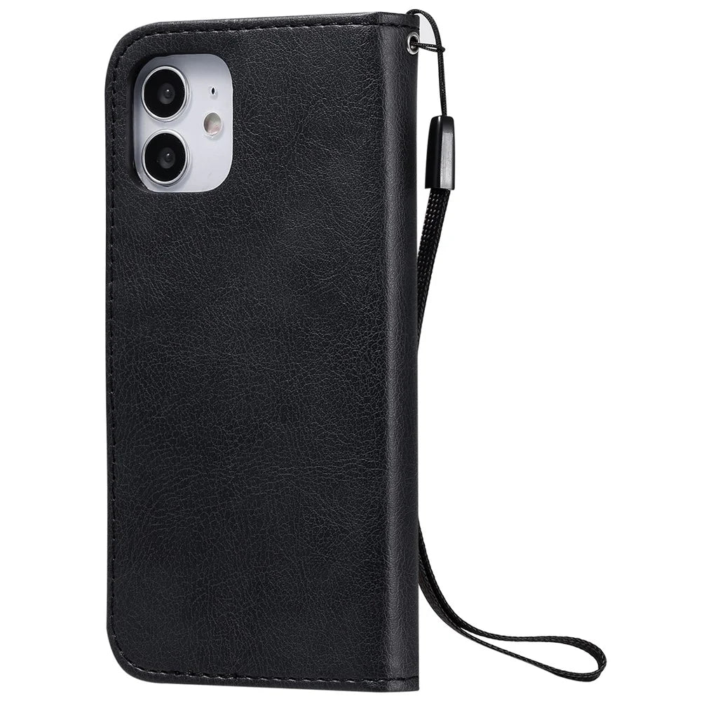 For iPhone 12 mini Case Solid Color Leather Mobile Cover Wallet Stand with Strap - Black - 3