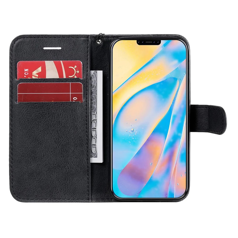 For iPhone 12 mini Case Solid Color Leather Mobile Cover Wallet Stand with Strap - Black - 4