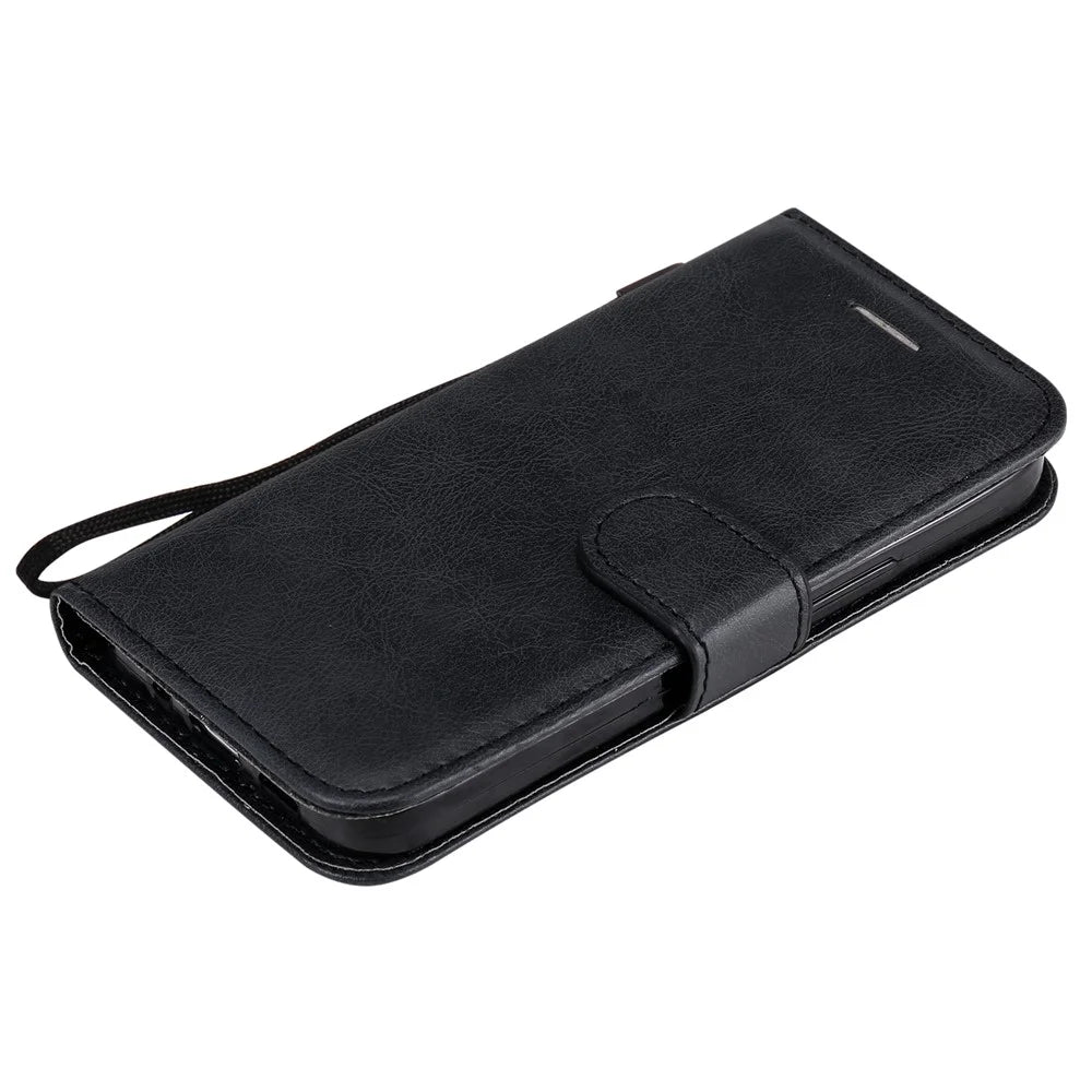 For iPhone 12 mini Case Solid Color Leather Mobile Cover Wallet Stand with Strap - Black - 5