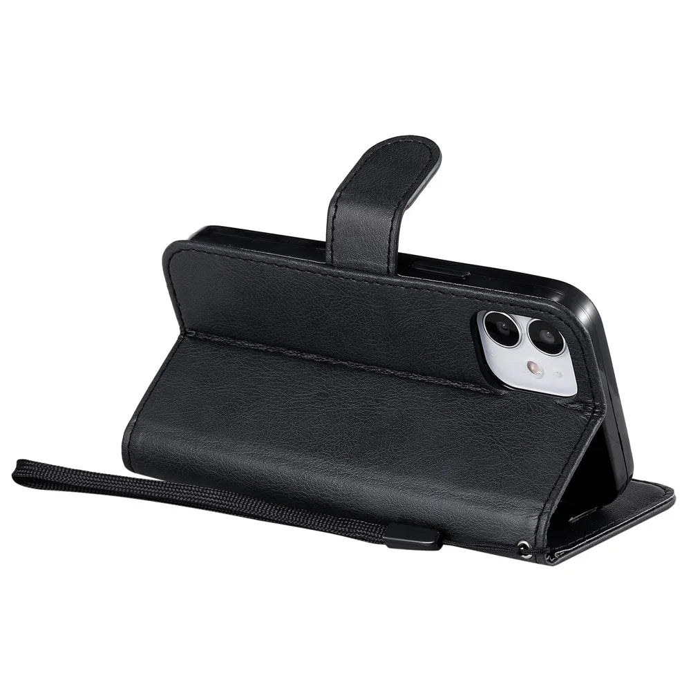 For iPhone 12 mini Case Solid Color Leather Mobile Cover Wallet Stand with Strap - Black - 7