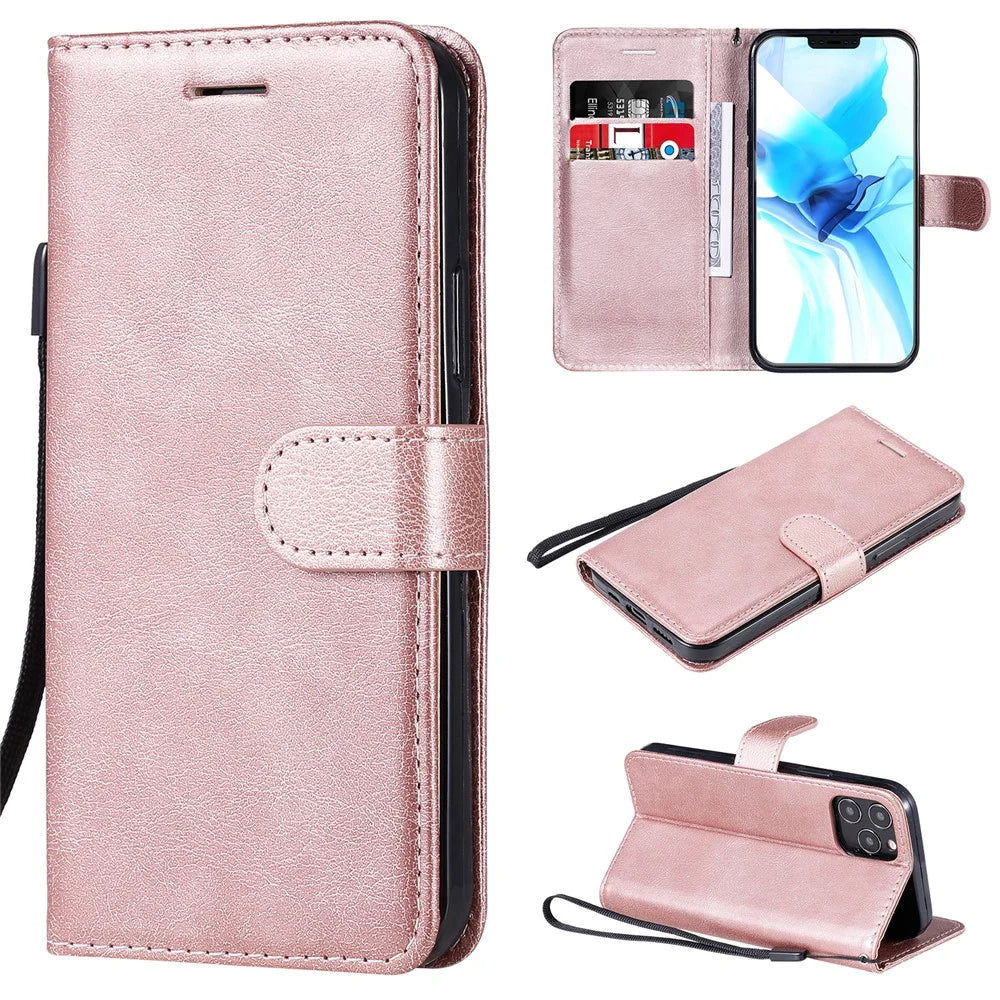 For iPhone 12 Pro Case Solid Color Leather Mobile Cover Wallet Stand with Strap - Rose Gold - 1