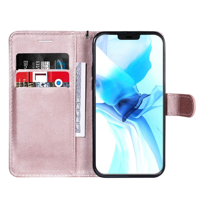 For iPhone 12 Pro Case Solid Color Leather Mobile Cover Wallet Stand with Strap - Rose Gold - 4
