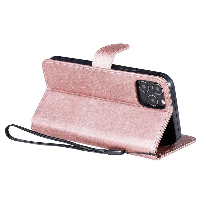 For iPhone 12 Pro Case Solid Color Leather Mobile Cover Wallet Stand with Strap - Rose Gold - 5