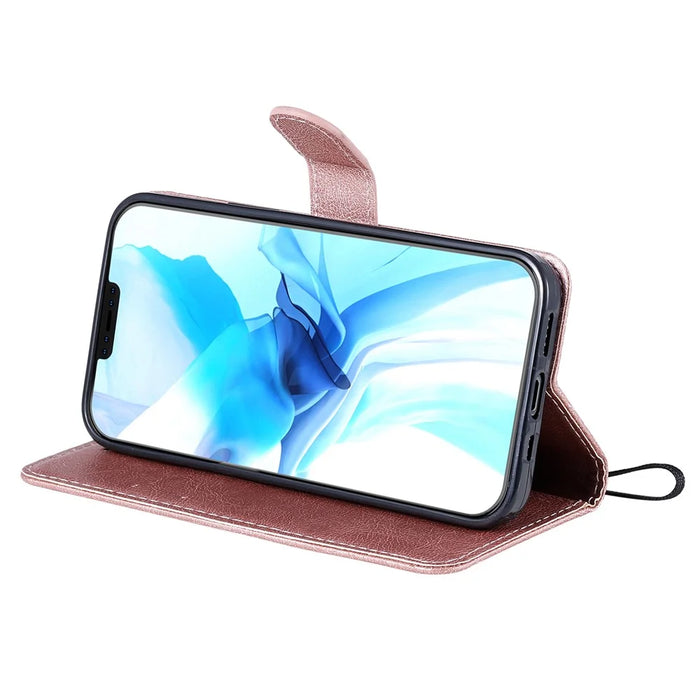 For iPhone 12 Pro Case Solid Color Leather Mobile Cover Wallet Stand with Strap - Rose Gold - 6