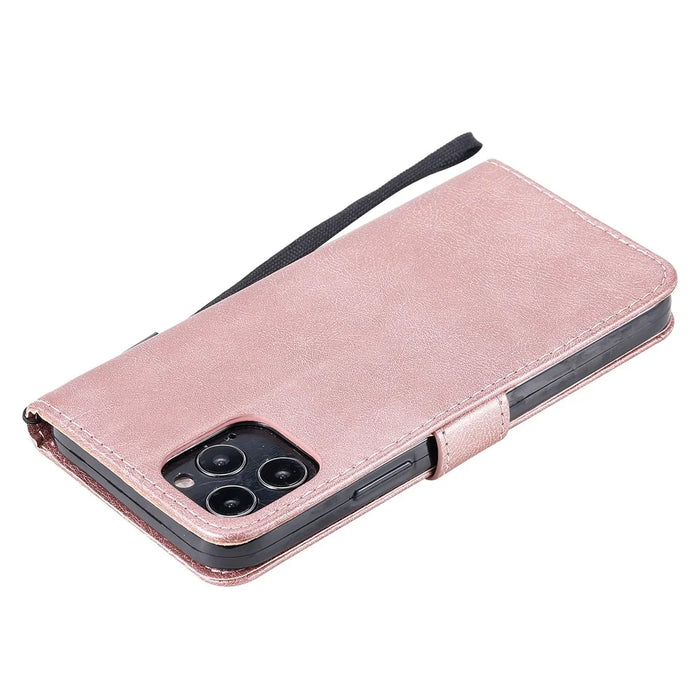 For iPhone 12 Pro Case Solid Color Leather Mobile Cover Wallet Stand with Strap - Rose Gold - 7