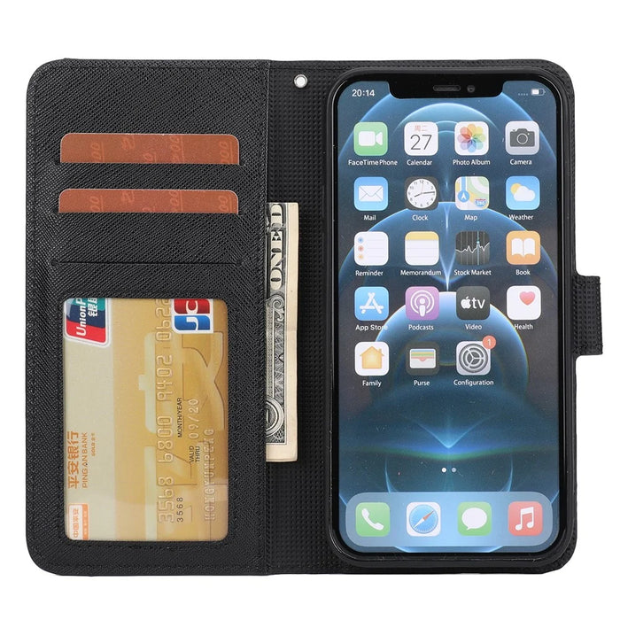 Cross Skin Leather Wallet Detachable TPU Cover for iPhone 12 Pro/12 - Black - 4