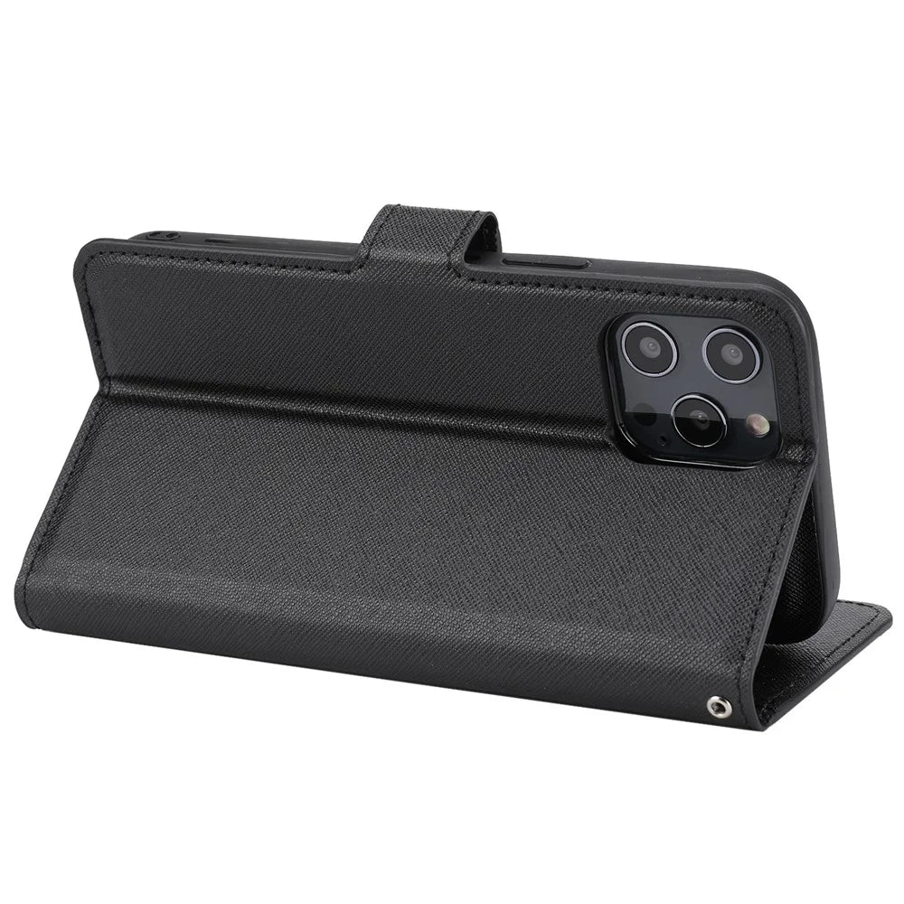 Cross Skin Leather Wallet Detachable TPU Cover for iPhone 12 Pro/12 - Black - 6