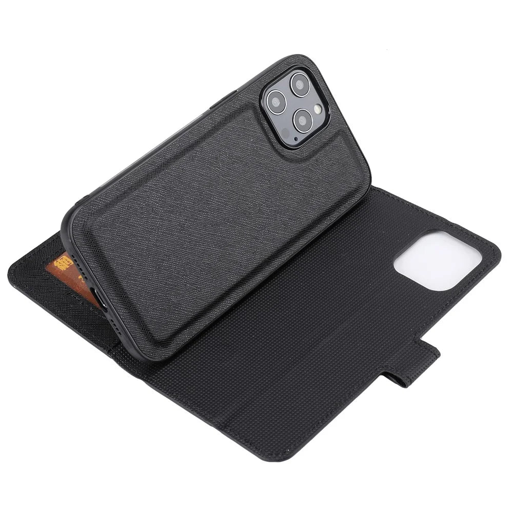 Cross Skin Leather Wallet Detachable TPU Cover for iPhone 12 Pro/12 - Black - 7