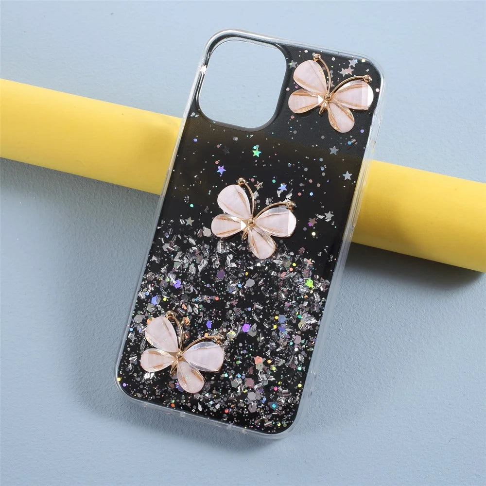 3D Butterfly Pattern Epoxy TPU Back Case for iPhone 12 Pro/12 - Black - 2