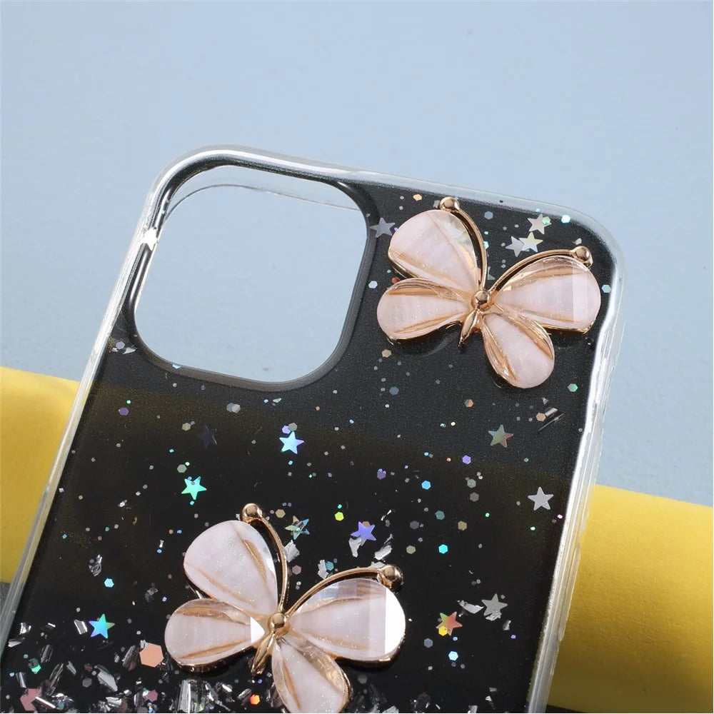 3D Butterfly Pattern Epoxy TPU Back Case for iPhone 12 Pro/12 - Black - 3