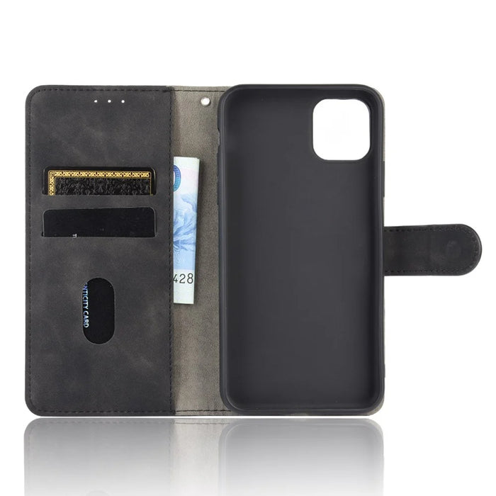 Skin-touch Wallet Stand Leather Cell Phone Cover for iPhone 12 mini - Black - 4
