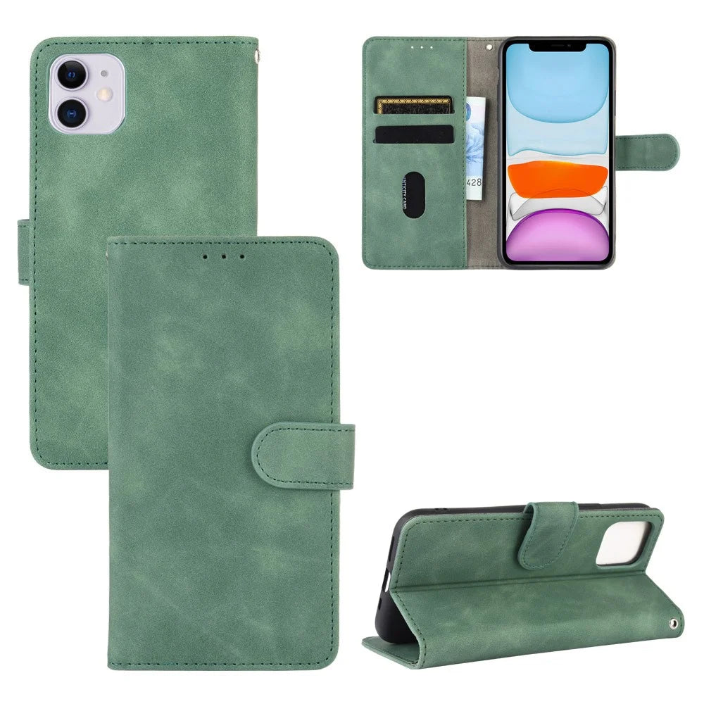 Skin-touch PU Leather Wallet Protective Cover for iPhone 12 Pro/12 - Green - 1