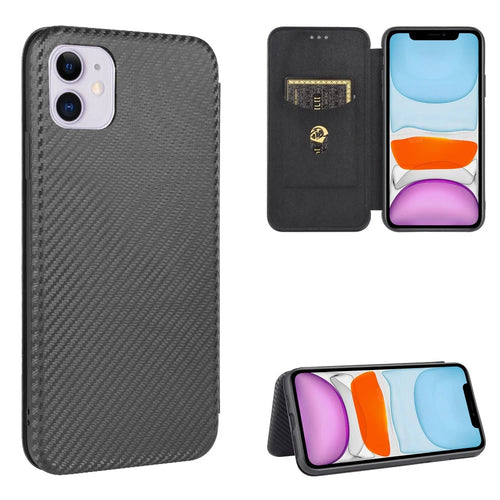 Carbon Fiber Auto-absorbed Stand Leather Mobile Case for iPhone 12 Pro/12 - Black - 1