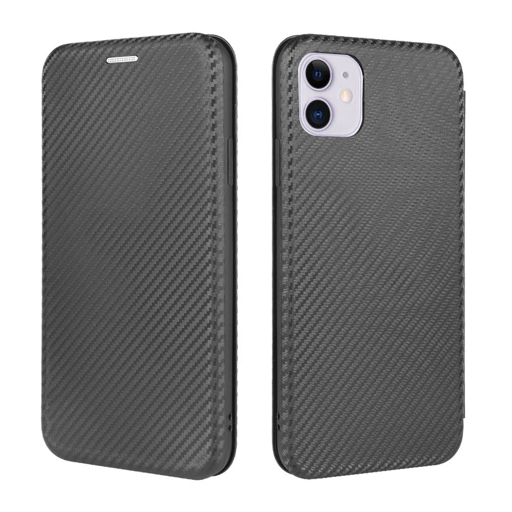 Carbon Fiber Auto-absorbed Stand Leather Mobile Case for iPhone 12 Pro/12 - Black - 2